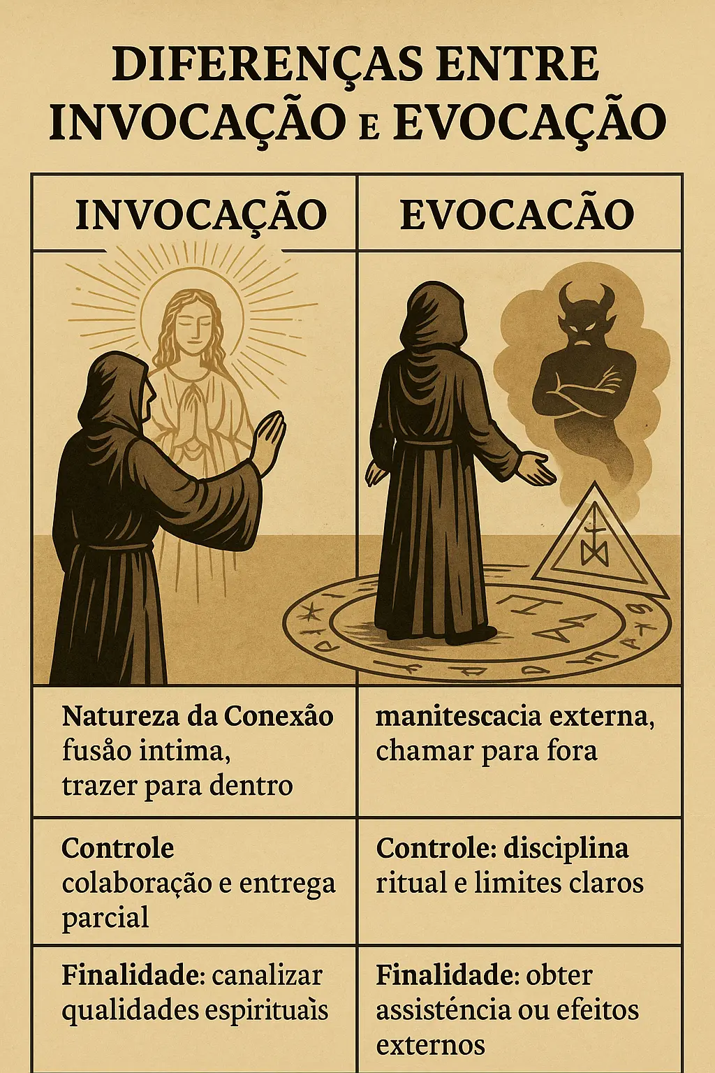 Diferenças entre invocação e evocação representadas em ilustração esotérica, mostrando fusão íntima e manifestação externa